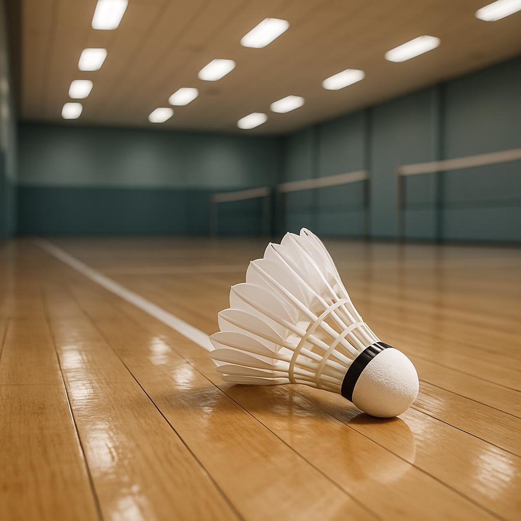 A white and black shuttlecock lying on a wooden floor in a large empty sports hall, likely used for badminton or squash.